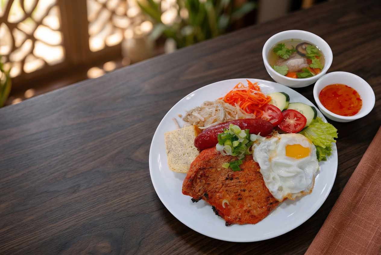 Cơm tấm with grilled pork chop, shredded pork skin and egg meatloaf